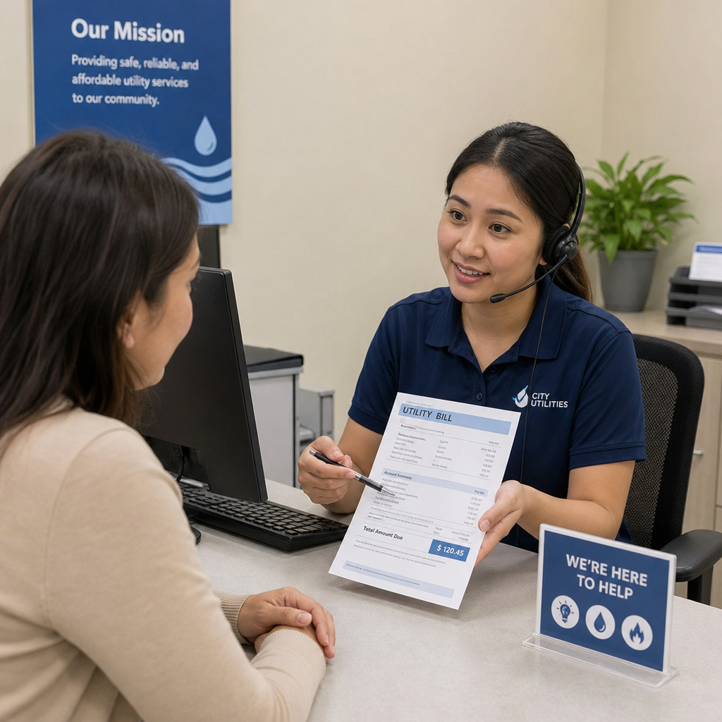 A customer service representative assisting a client with utility bill inquiries