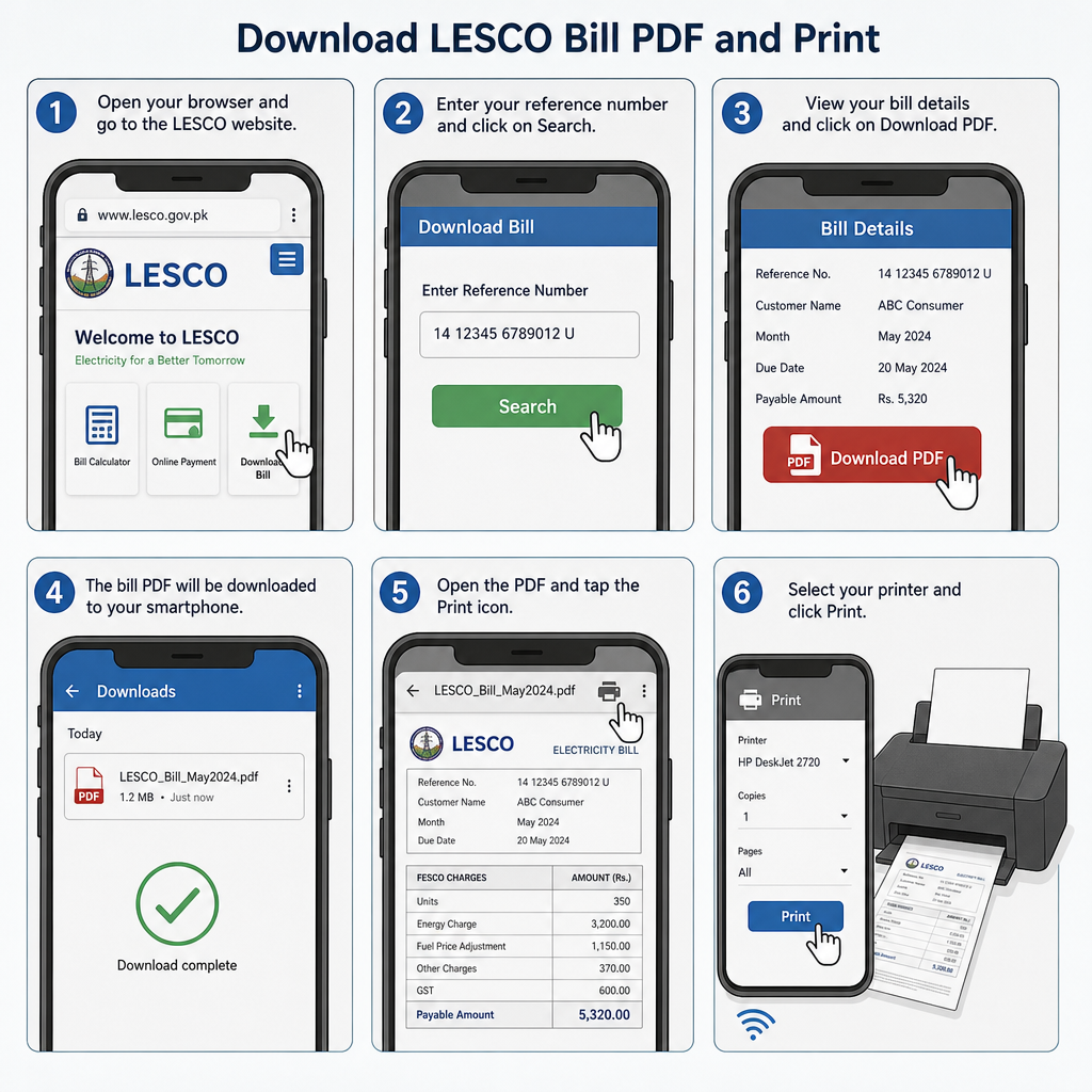 A digital illustration showing the process of downloading a LESCO bill PDF to a smartphone and printing it