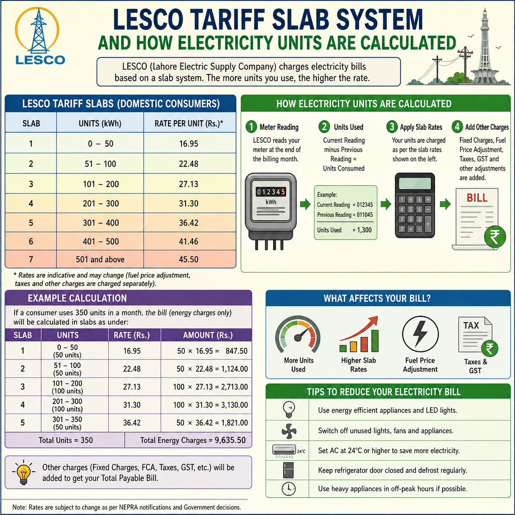 Infographic explaining the LESCO tariff slab system and how electricity units are calculated