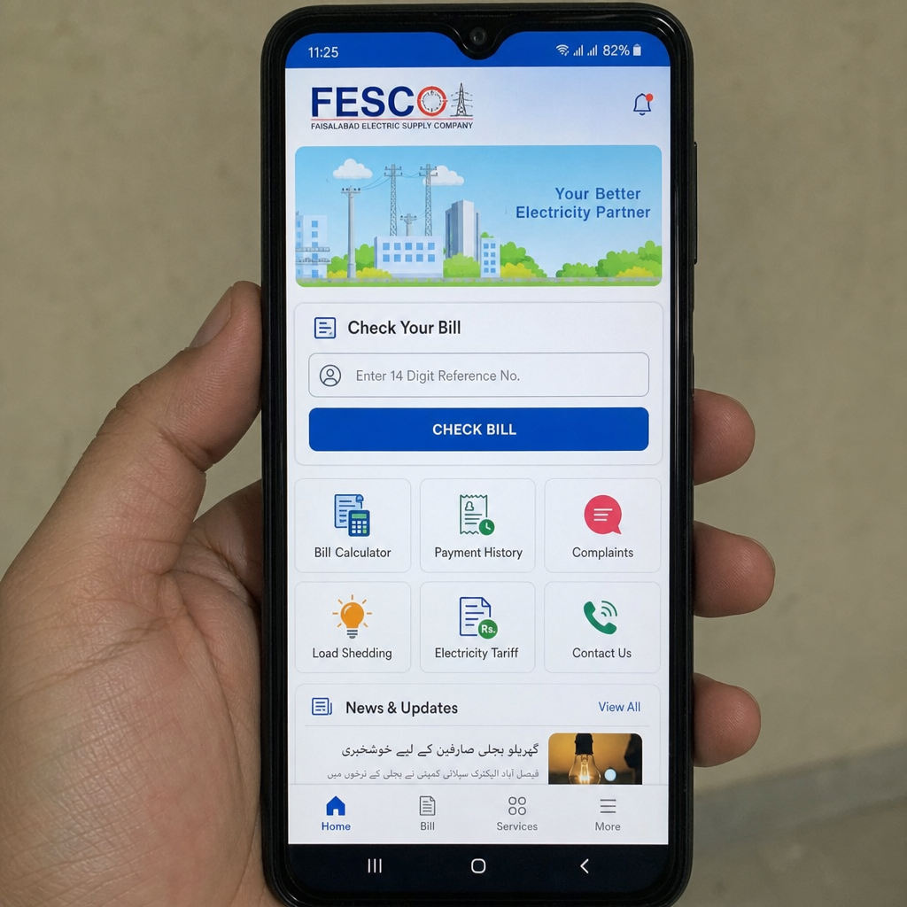 Smartphone screen displaying the FESCO online bill checking mobile application