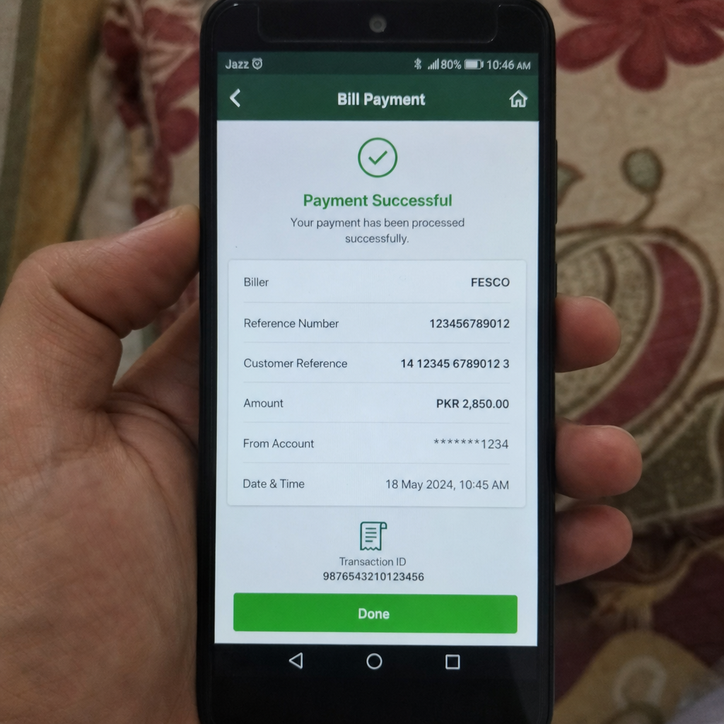 Mobile phone showing a successful FESCO utility bill payment transaction via a banking app