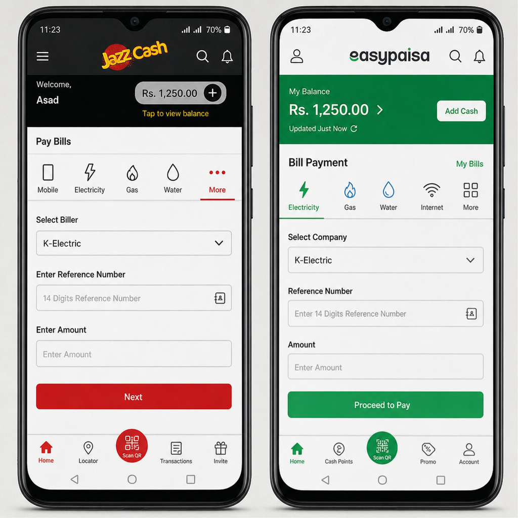 Smartphone screens showing side-by-side comparison of the JazzCash and Easypaisa utility bill payment interfaces