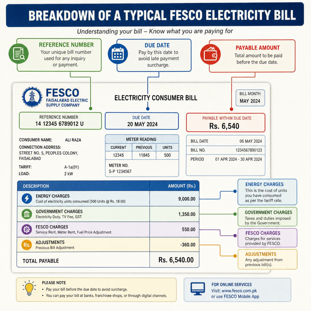 Infographic showing the breakdown of a typical FESCO electricity bill, highlighting reference number, due date, and payable amount