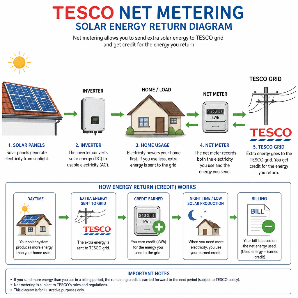 TESCO net metering diagram showing how solar energy is returned to the grid for bill credit