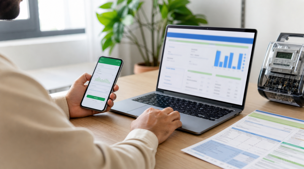 Person checking an electricity bill online on a phone and laptop with a printed utility bill on the desk.