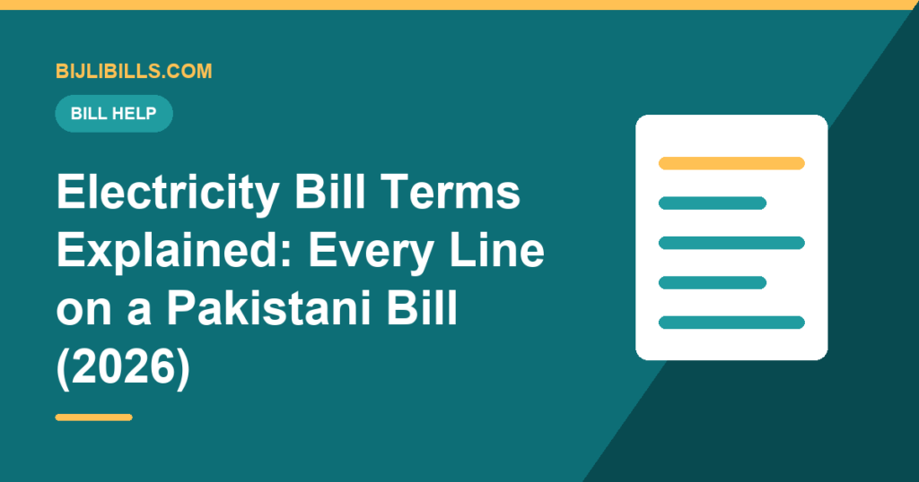 A Pakistani electricity bill with each line and abbreviation labelled with its meaning