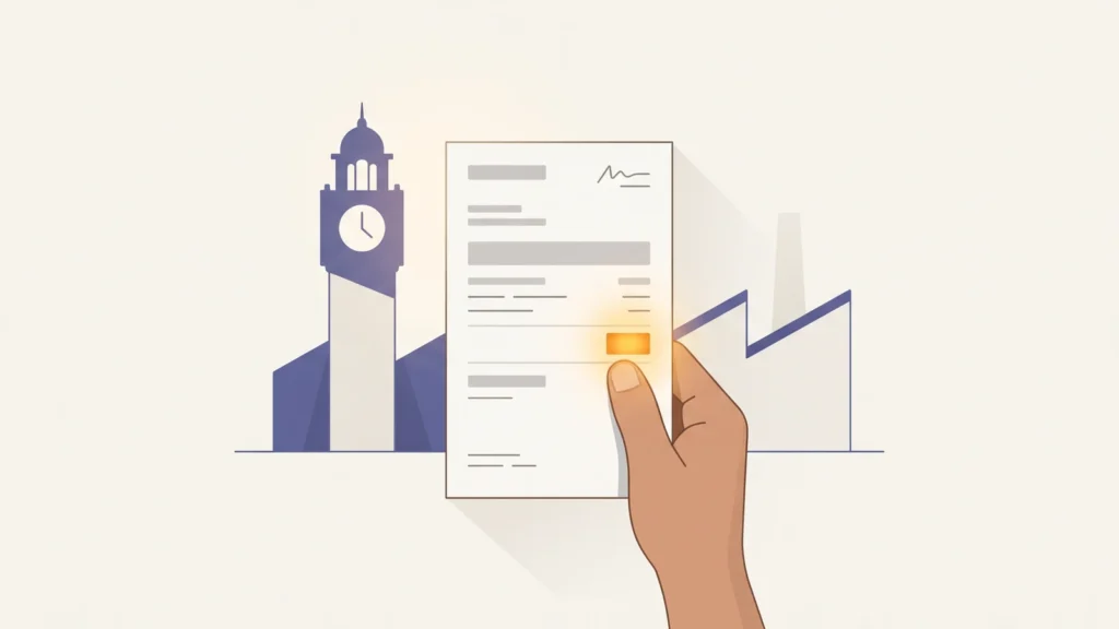 Hand holding a FESCO electricity bill with the reference number area highlighted, Faisalabad's clock tower and a textile mill roofline behind