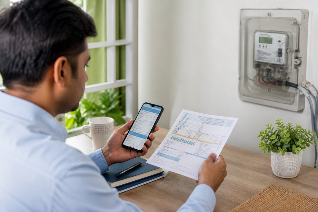 Person checking FESCO online bill on a smartphone while holding a printed electricity bill near a home electricity meter.