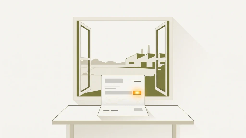 A GEPCO electricity bill on a table by an open window, reference number area glowing amber, with Punjab plains and workshop rooflines beyond