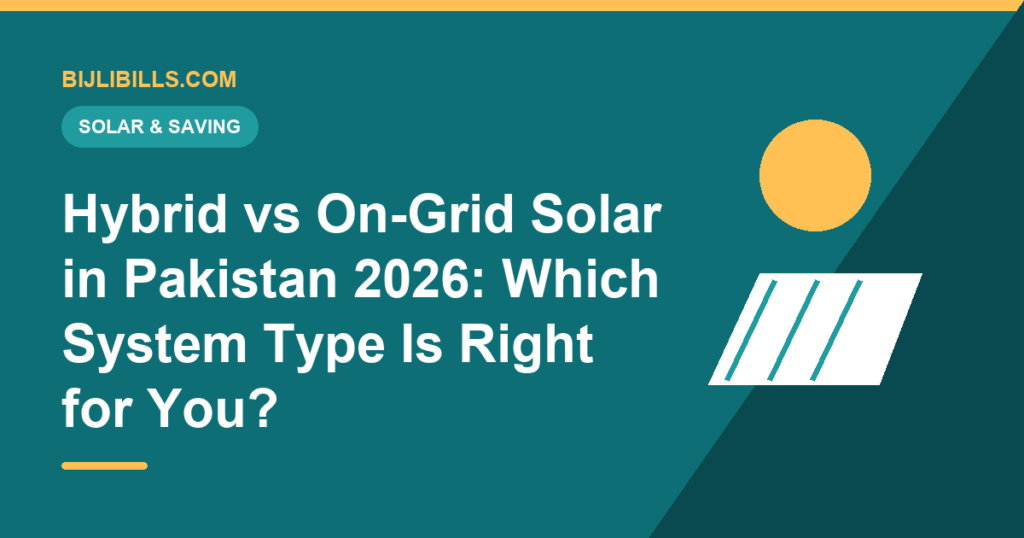 Three solar system types compared in Pakistan - on-grid, hybrid with battery, and off-grid