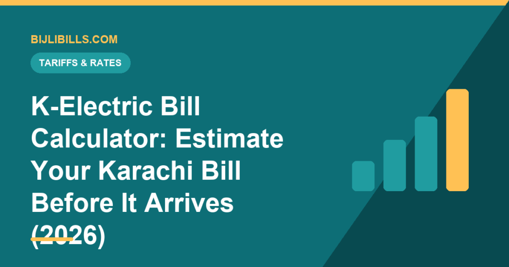 Calculator over a stylised K-Electric bill with the Karachi skyline in the background