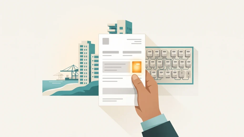 Hand holding a K-Electric bill with the account number area highlighted, beside a wall board of clustered apartment meters and the Karachi coastline