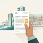 Hand holding a K-Electric bill with the account number area highlighted, beside a wall board of clustered apartment meters and the Karachi coastline