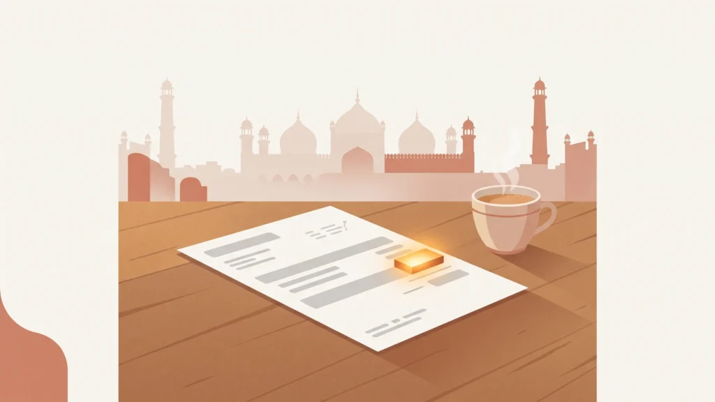 A LESCO electricity bill lying on a wooden table beside a cup of chai, with the reference number area glowing amber and Lahore's Mughal skyline behind