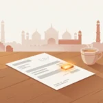 A LESCO electricity bill lying on a wooden table beside a cup of chai, with the reference number area glowing amber and Lahore's Mughal skyline behind
