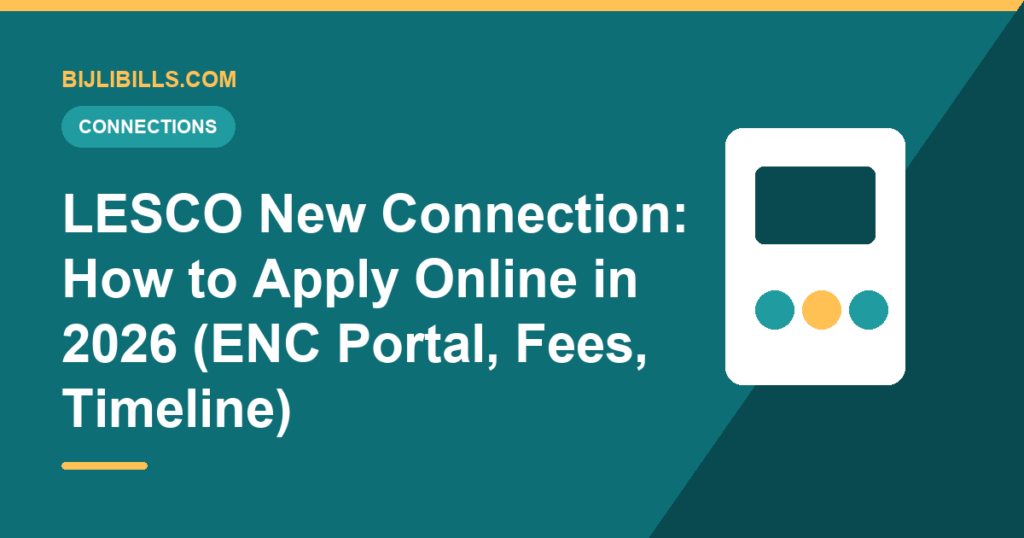 Laptop showing the ENC portal application form with a new electricity meter and Lahore skyline in the background