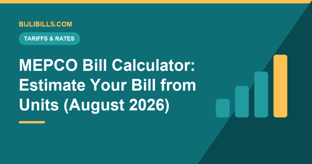 MEPCO bill calculator showing a rupee total above a South Punjab skyline with transmission towers