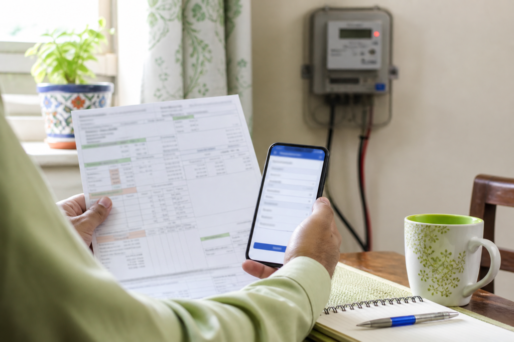 Person holding a printed electricity bill and checking MEPCO bill online on a mobile phone near an electricity meter.