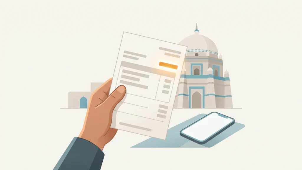 Hand holding a MEPCO electricity bill with the reference number area highlighted in amber, Multan's domed shrine and a smartphone in the background