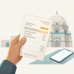 Hand holding a MEPCO electricity bill with the reference number area highlighted in amber, Multan's domed shrine and a smartphone in the background