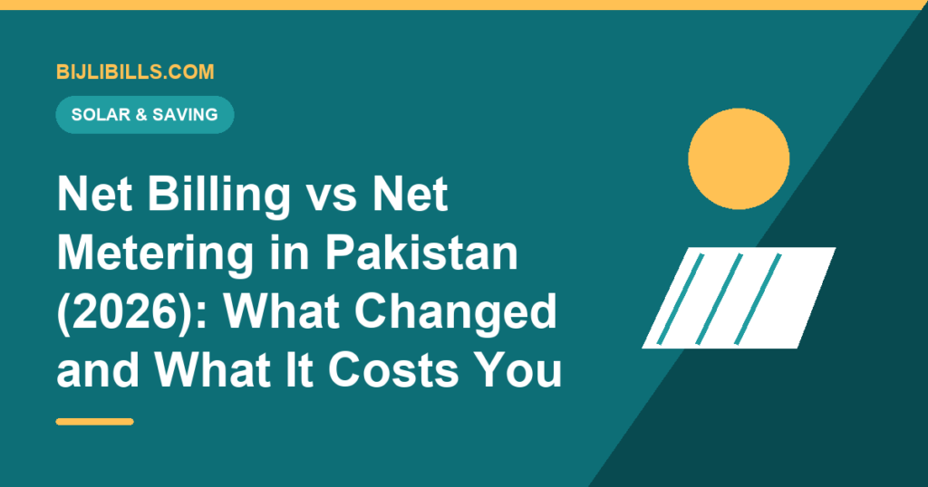 Split illustration of net metering unit offset versus net billing rupee settlement in Pakistan 2026