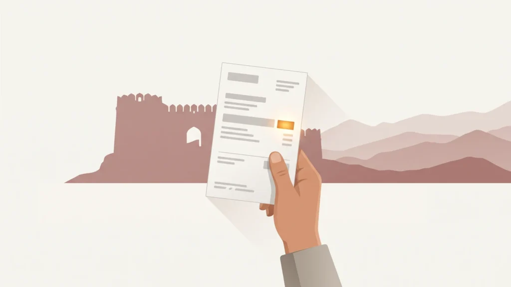 Hand holding a PESCO electricity bill with the reference number area highlighted, a historic fort silhouette and mountain ridges behind