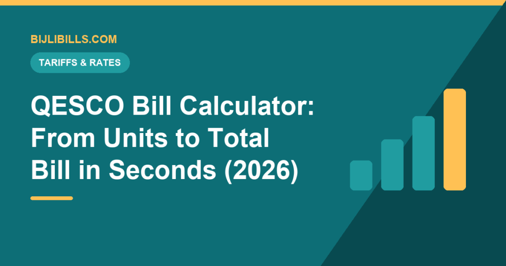 QESCO bill calculator interface turning 300 units into a rupee total, with a Quetta and Balochistan landscape silhouette