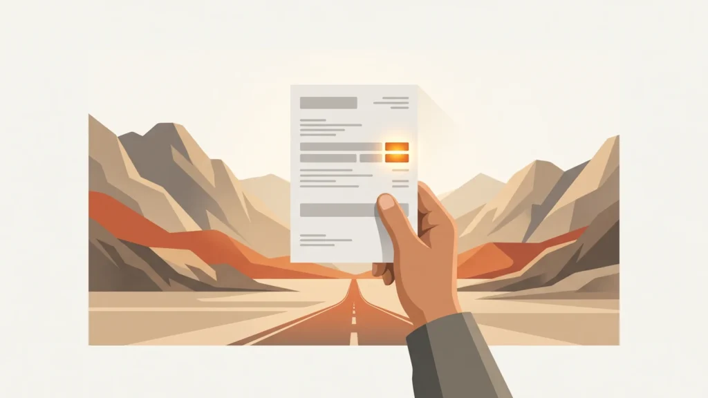 Hand holding a QESCO electricity bill with the reference number area highlighted, dry Balochistan mountain ranges and an empty road receding behind