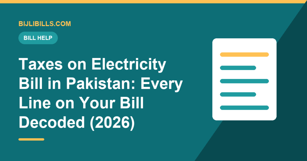 Pakistani electricity bill with the tax lines highlighted and a rupee coin splitting into smaller coins
