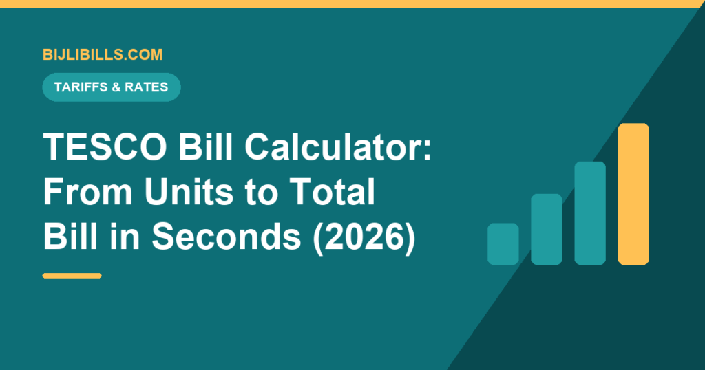 TESCO bill calculator interface turning 300 units into a rupee total, with a tribal-districts mountain skyline silhouette