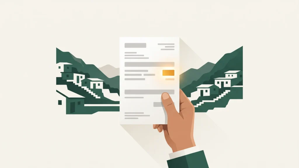 Hand holding a TESCO electricity bill with the reference number area highlighted, a stepped mountain village of the merged tribal districts behind
