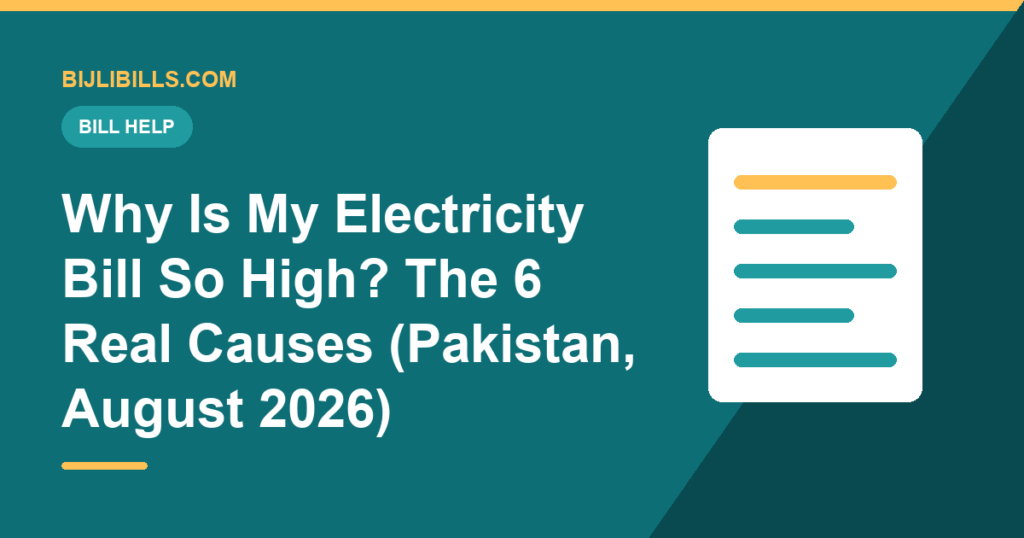 Worried consumer comparing two Pakistani electricity bills, one normal and one doubled, with a diagnostic checklist beside them