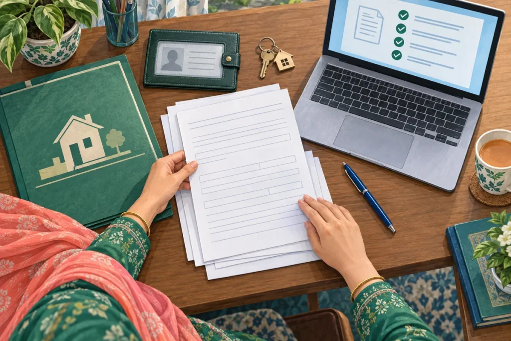 Illustration of application papers, a property folder, house keys and a laptop checklist arranged on a desk.