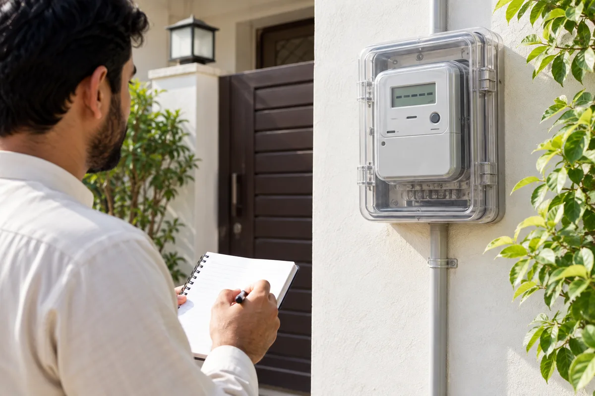 A resident writing down the display of an enclosed electricity meter without touching its wiring.