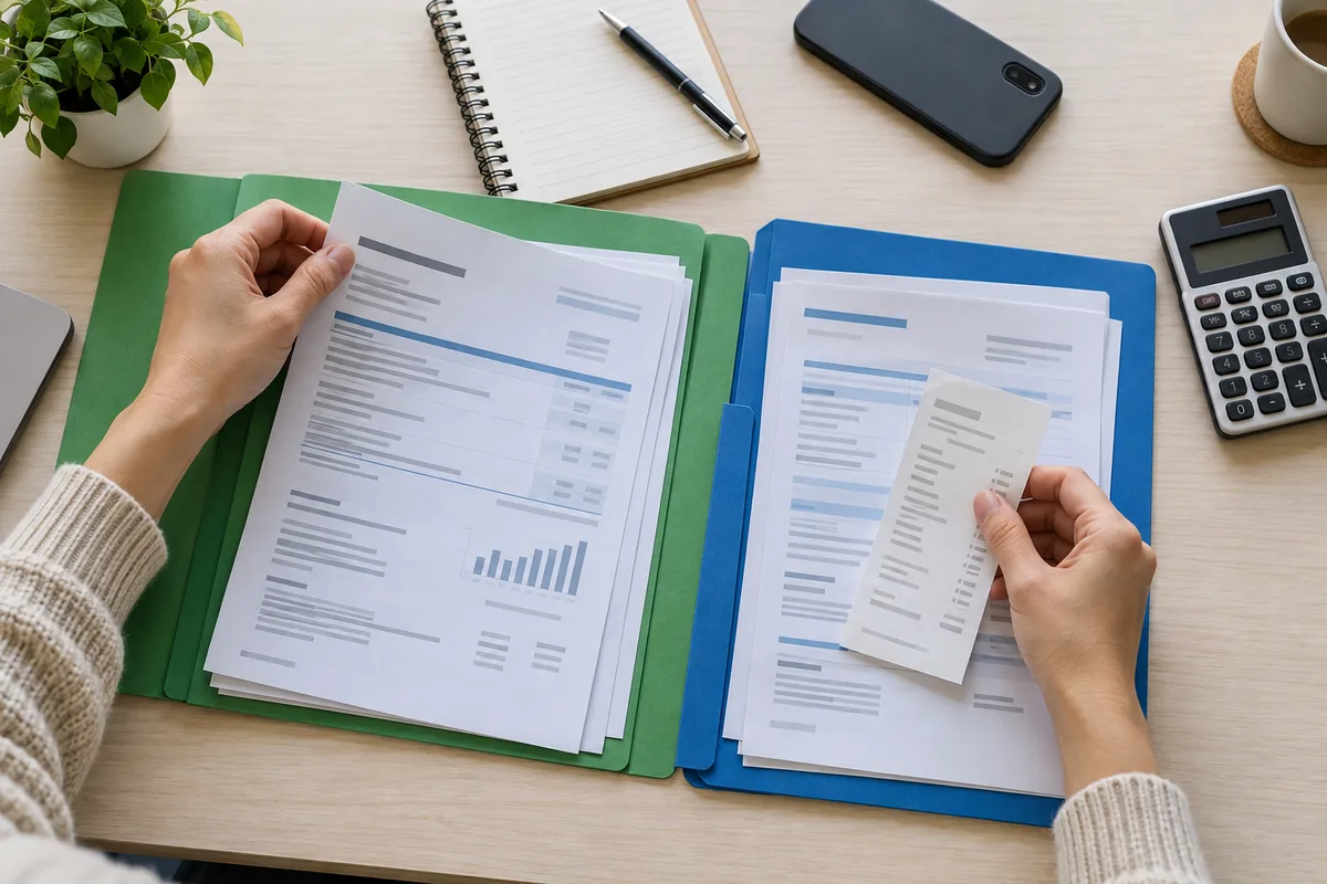Hands organising electricity bills and a payment receipt in two folders beside a calculator.