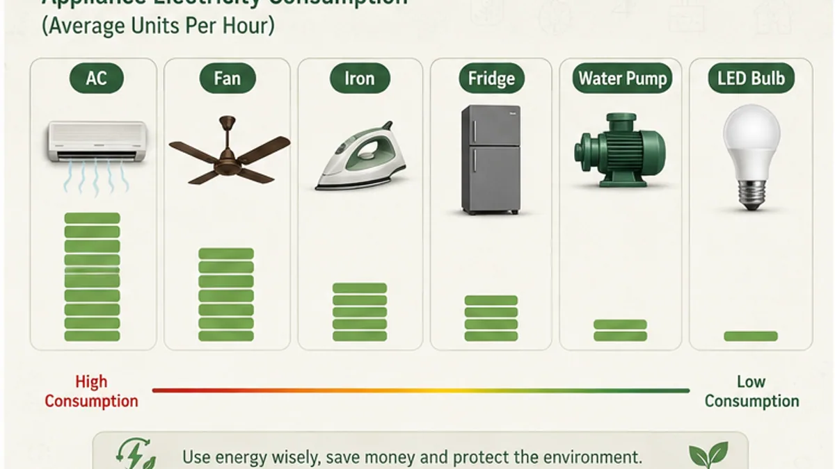 Comparison chart of appliance electricity consumption per hour in a Pakistani home