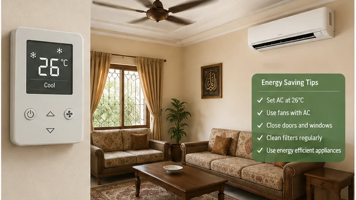Thermostat set to an energy-efficient temperature with a ceiling fan running