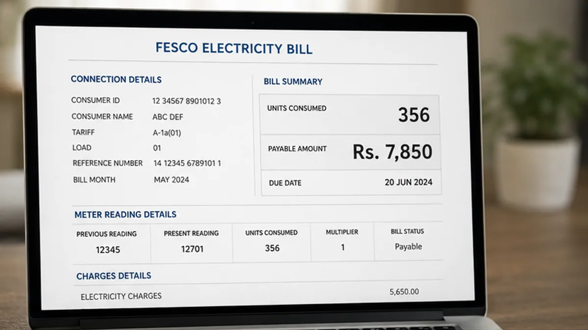 FESCO bill opened online showing units consumed and payable amount