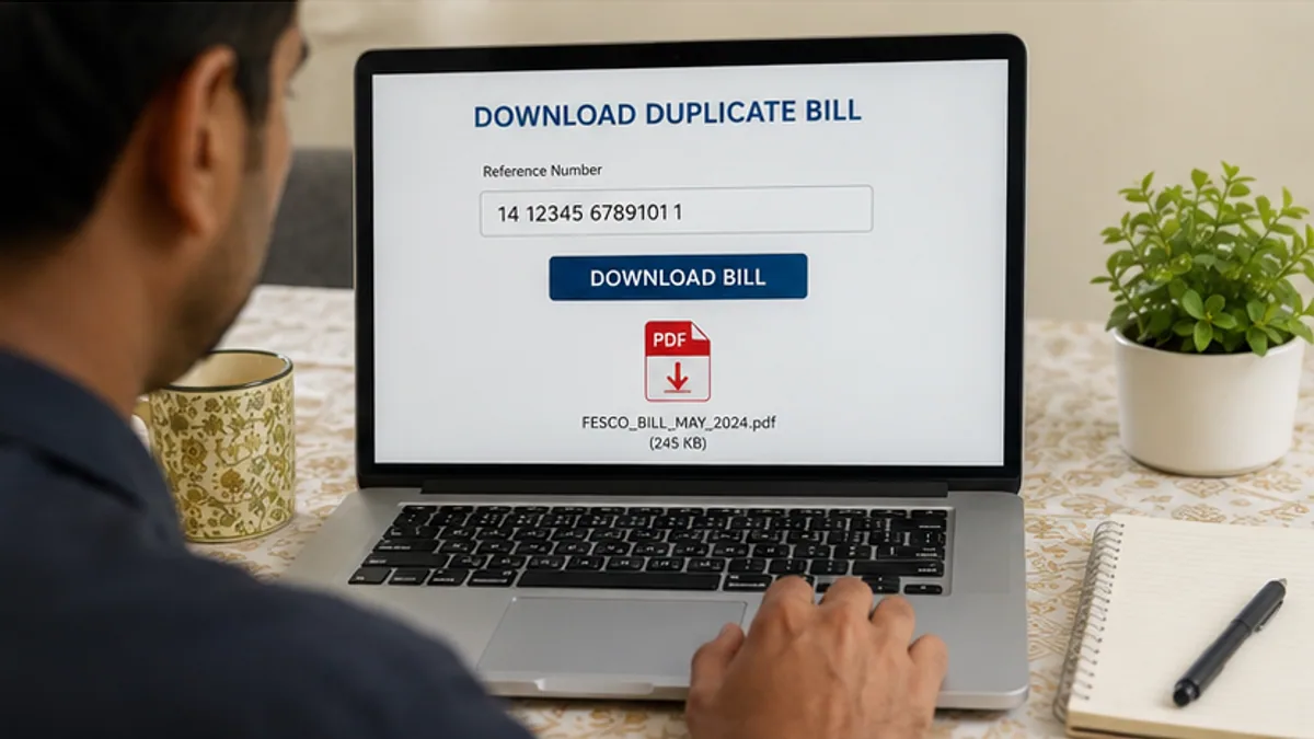 Person downloading a duplicate FESCO bill as a PDF on a laptop