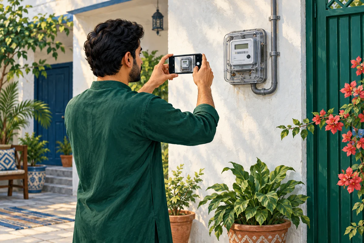 Illustration of a resident photographing a closed electricity meter from the ground without touching it.