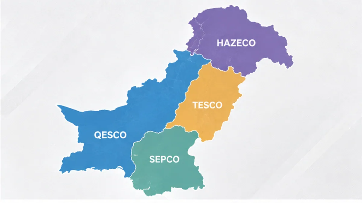 Map-style graphic showing QESCO, SEPCO, TESCO and HAZECO regions of Pakistan