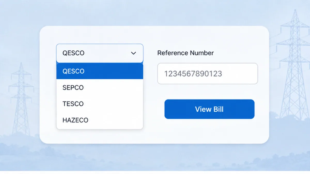PITC central bill portal showing the list of distribution companies including QESCO and SEPCO