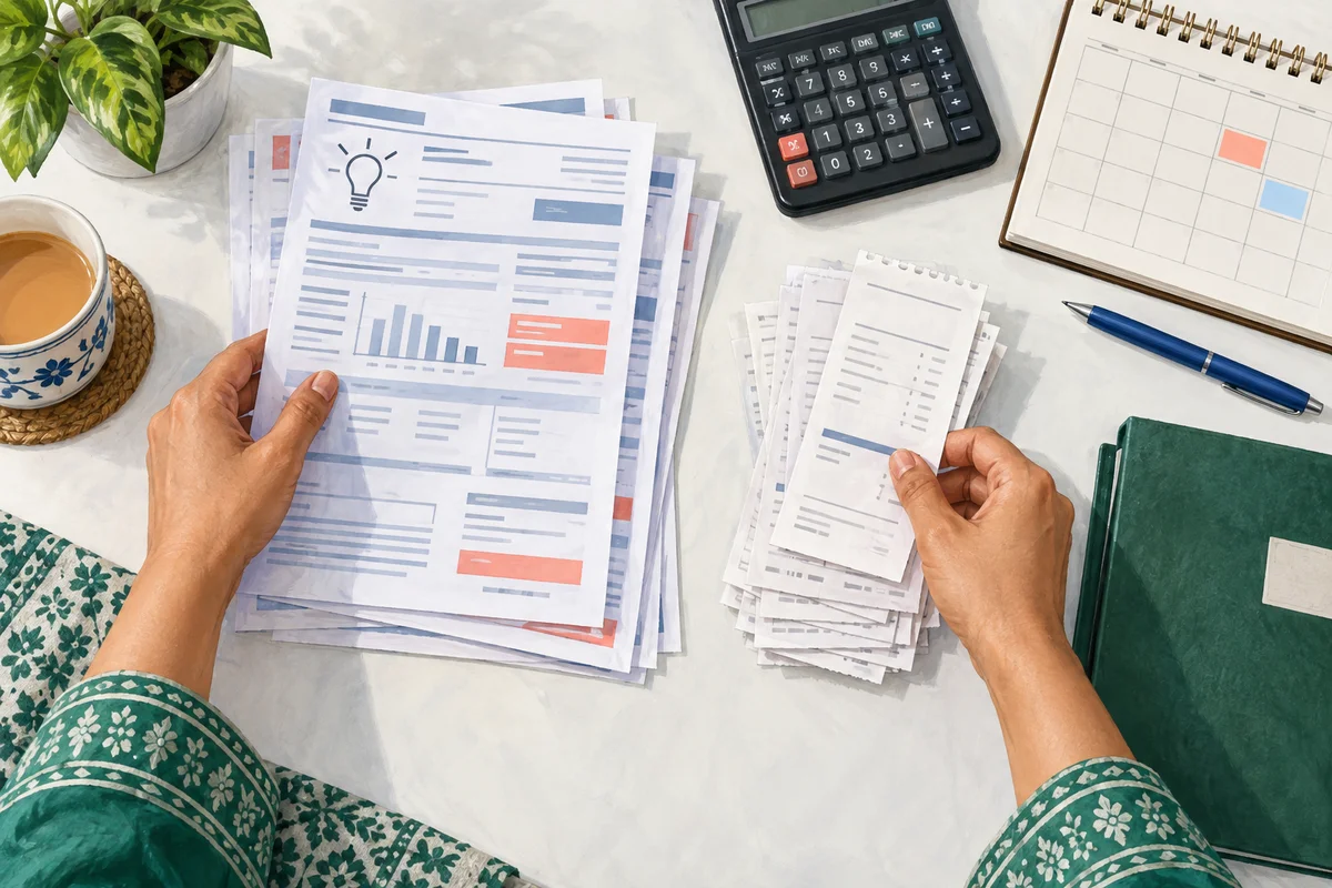 Illustration of hands sorting electricity statements and payment receipts beside a calculator and notebook.