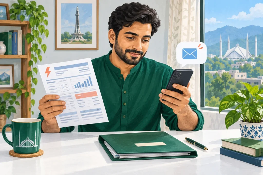 Illustration of a man checking a phone while holding an electricity bill, with a message symbol beside him.