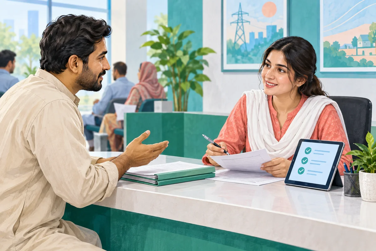 Illustration of a customer discussing documents with a staff member at a generic service counter.