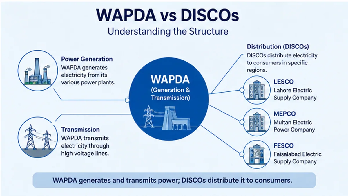 Illustration explaining WAPDA versus DISCOs like LESCO, MEPCO and FESCO