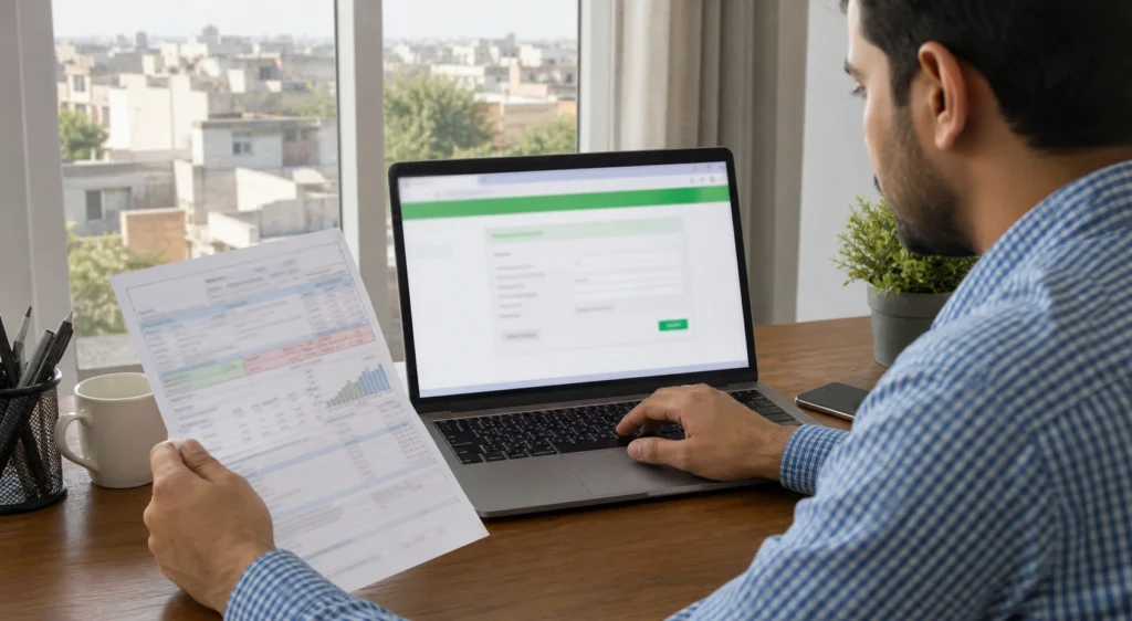 Person checking an electricity bill on a laptop beside a printed bill.